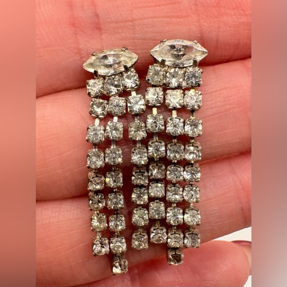 Vintage Paste Rhinestone Dangle Earrings Pierced - Picture 2 of 5